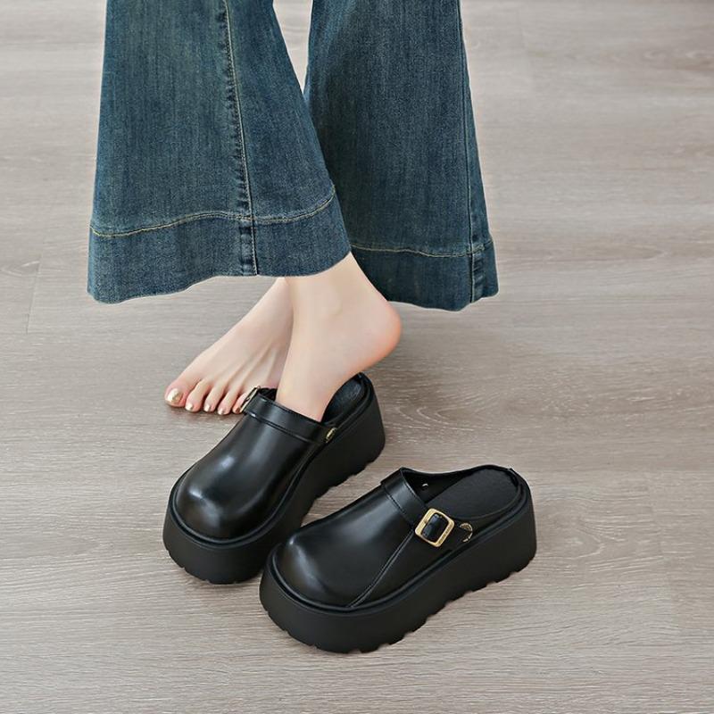 

Fashion AUTUSPIN 6cm Wedges Chunky Women Slippers Fashion Spring Summer White Mules Shoes Soft Leather Slip-on Woman Slides Loafers 2025 35 чёрный