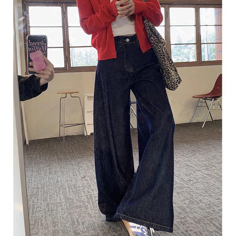 2024 Women's High Waist Dark Blue Retro Straight Jeans - Slim Wide Leg Mopping Trousers