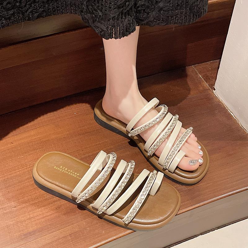

Korean rhinestone black fashion sandals women s 2025 summer new thick-soled Roman versatile fashion flat-bottomed cool slippers 35 бежевый