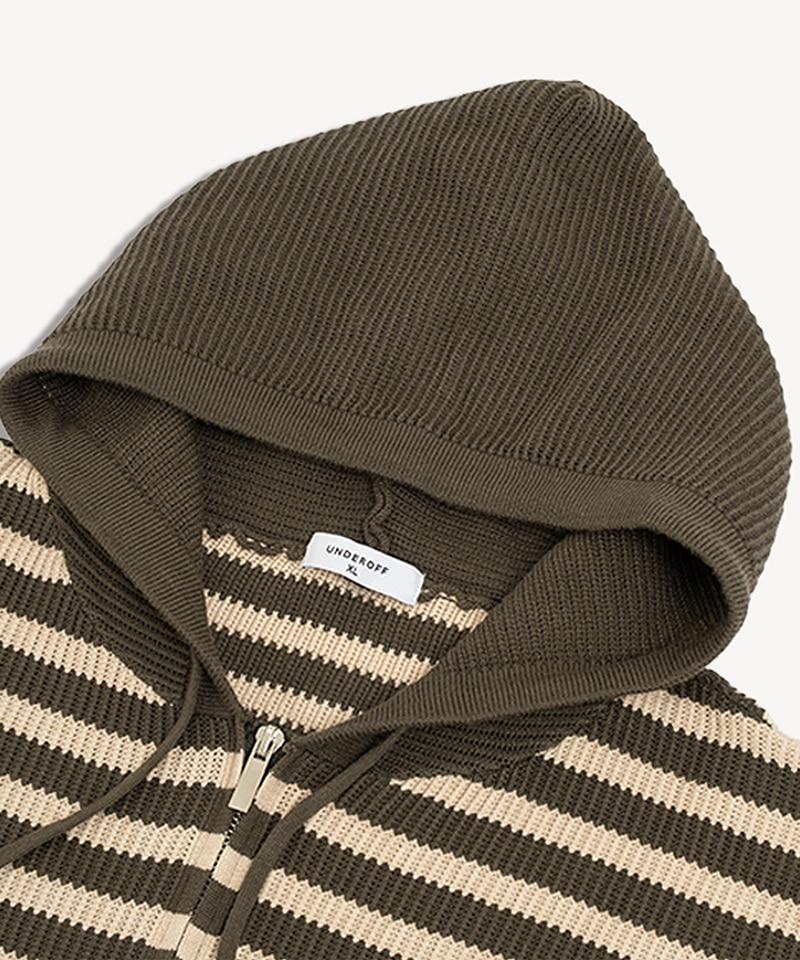 UNDEROFF Wavy Stripe Knit Zip-Up Hoodie Khaki