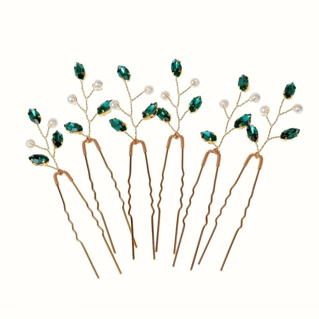 European & American Green Rhinestone Hairpin: Elegant U-Shaped Wedding Hair Accessory for Qipao Dresses.