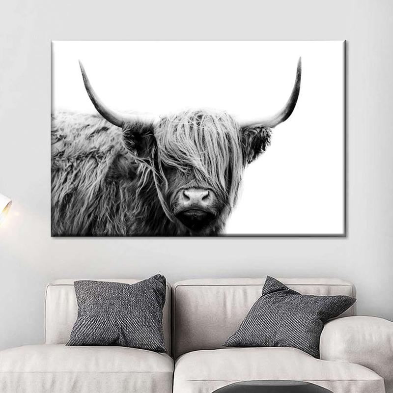 Amazing Portrait of Scottish Highland Cow Wall Pictures Canvas Painting Animal Posters Prints Living Room Home Decor