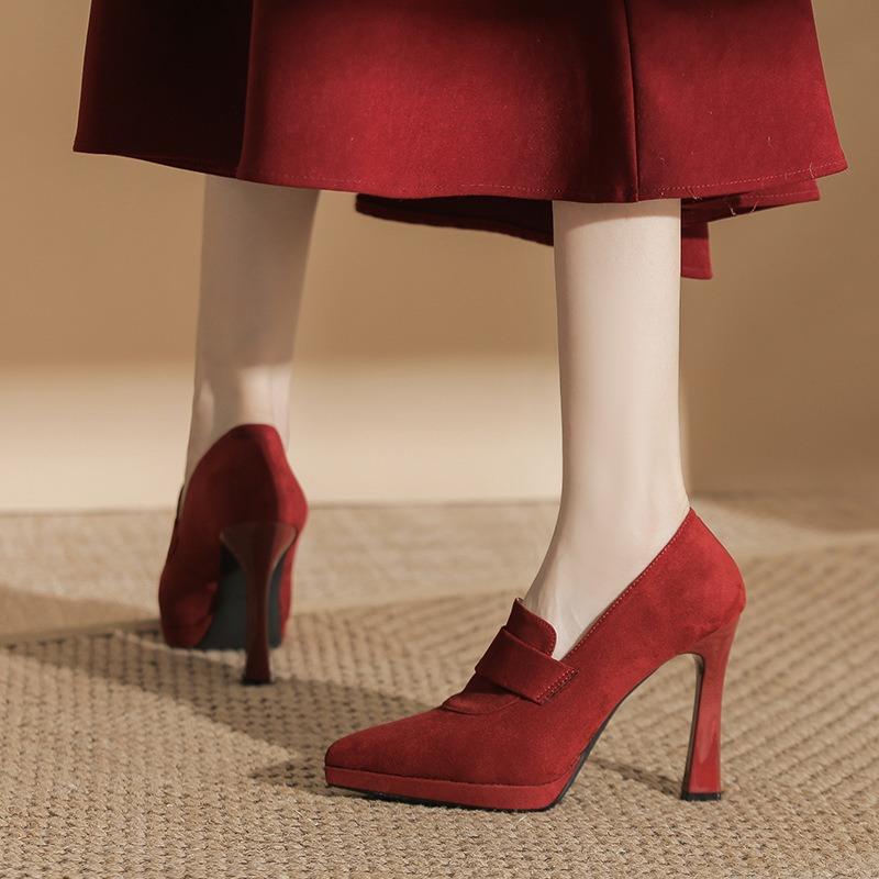 1-Pointed Thin Heel Red Suede Wedding Shoes Femininity Not Tired Feet Waterproof Table Bridesmaid Bride Single Shoes Women