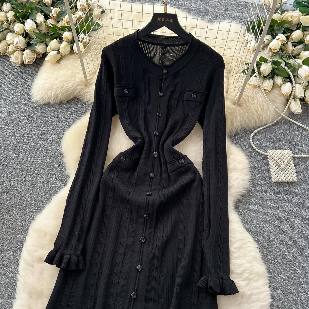 Herbst Winter Damen Marke Designer Laufsteg Partykleider Langarm Strickpullover Lang Maxi Pullover Robe