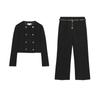 Round Neck Long Sleeve Double Placket Blazers 8372449 High Waist Straight With Chain Belt Ankle Pants 8372249