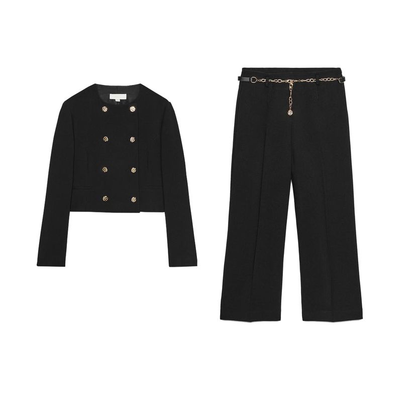 Round Neck Long Sleeve Double Placket Blazers 8372449 High Waist Straight With Chain Belt Ankle Pants 8372249