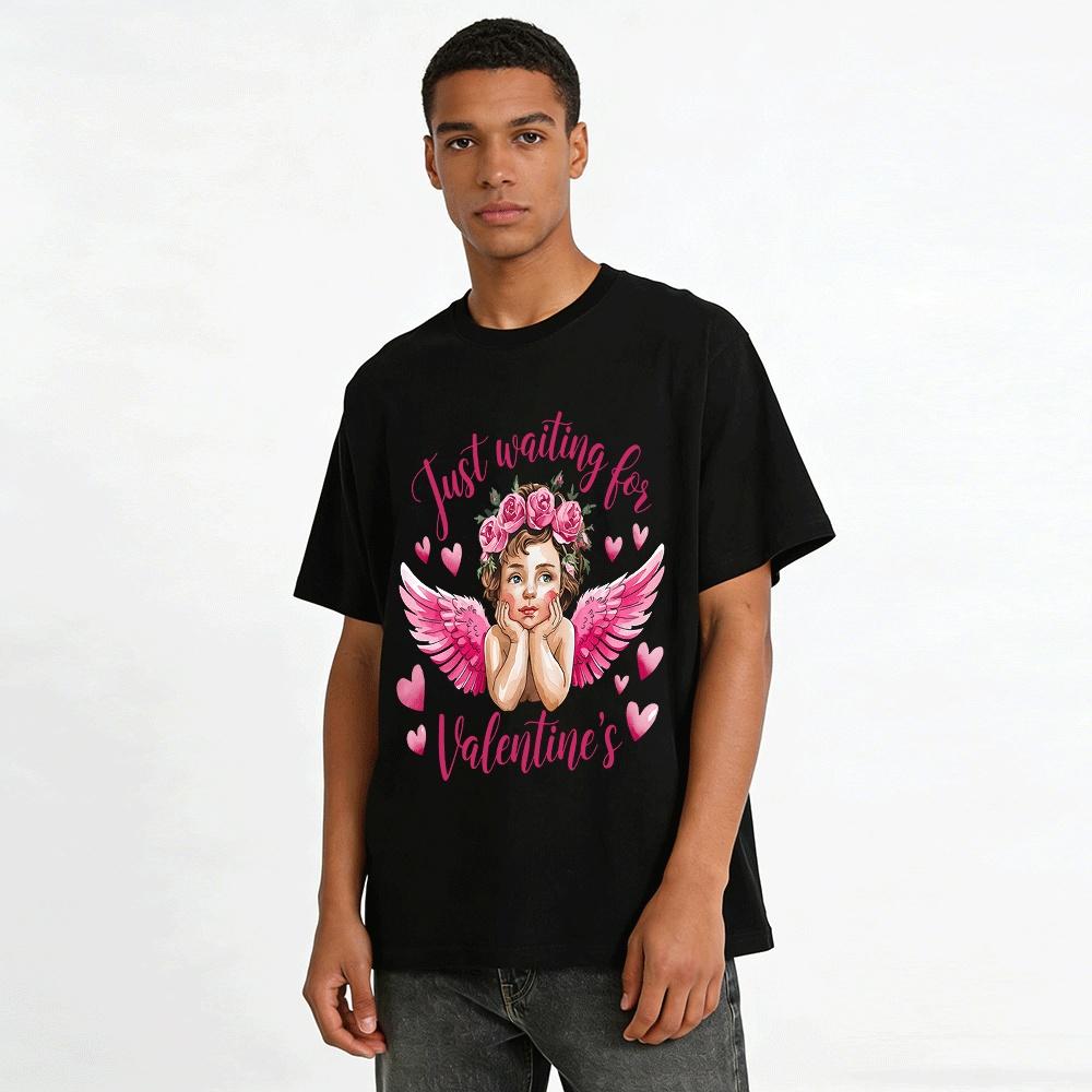 Just Waiting For Valentine's Pink Angel Print Casual Top Pure cotton T-shirt