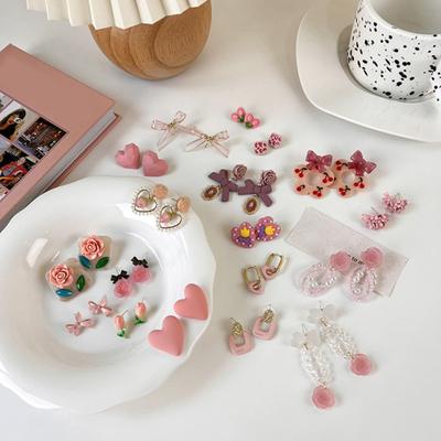 1 Pair Girls Drop Earrings Pink Color Bow Decorative Faux Pearls Floral Stud Earrings