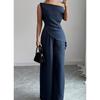 2026 Womens Off-Shoulder Sleeveless Solid Color Wide Leg Pants Set Casual Outfit