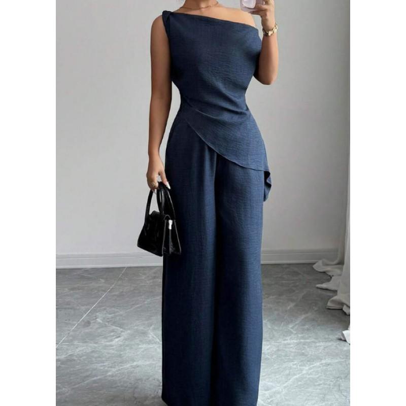 2026 Womens Off-Shoulder Sleeveless Solid Color Wide Leg Pants Set Casual Outfit
