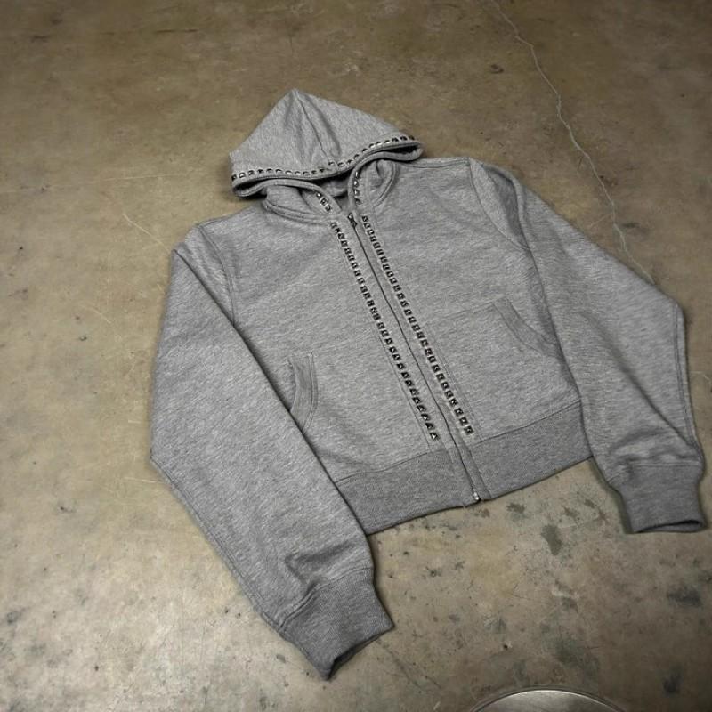 Unisex Hooded Zip-Up Sweatshirt With Beaded Embellishment Streetwear Loose Fit Long Sleeve Black Gray