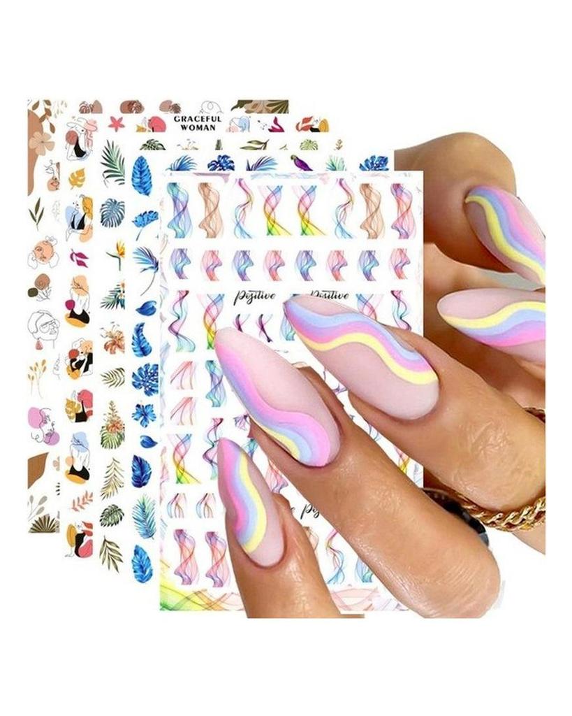 Autocollants 3D pour Nail Art, lignes ondulées abstraites colorées, décalcomanies à fleurs et feuilles florales, décoration d'ongles