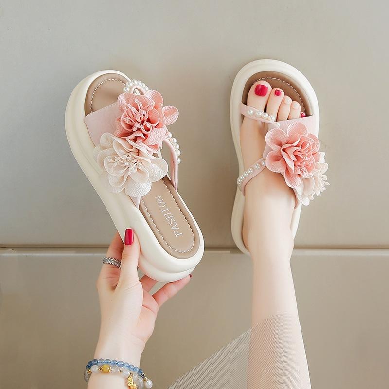 Flower pearl fairy slippers summer new outer wear with skirt sandals platform beach tide shoes