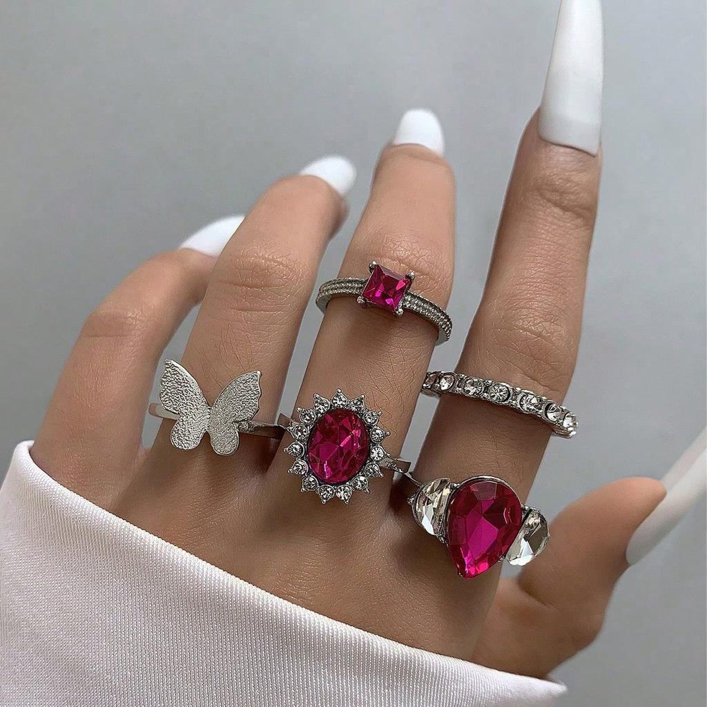 Pink oil drip mushroom star gemstone ring Butterfly heart diamond palm ring set