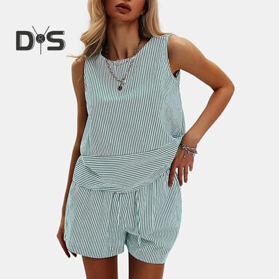 Γυναικεία καλοκαιρινά 2 τεμάχια, σετ αμάνικα σορτς με φανελάκι, casual ριγέ φόρμα, σετ για διακοπές και παραλία, ασορτί σετ