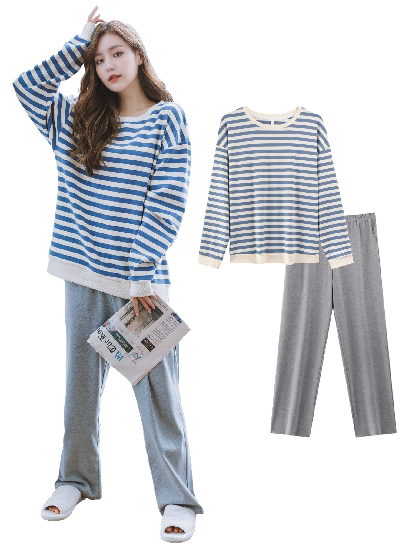 

Beatgos Хлопковый Милый Комплект с Длинным Рукавом Размер Женский 100% Пижама, Домашняя одежда, (2036 Синий, L)