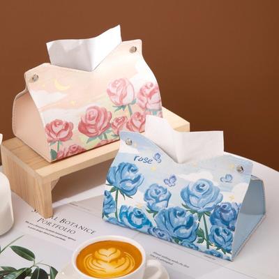 High Quality Oil Painting Tissue Case Smooth Leather Paper Towel Box Large Storage Printing Napkin Holder Car
