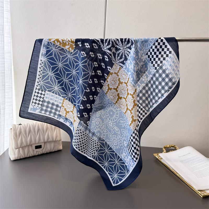 2024 Luxury Animals Floral Print 70cm Cotton Velvet Square Scarf for Women Soft Neckerchief Lady Hijab Neck Tie Hair Headbands