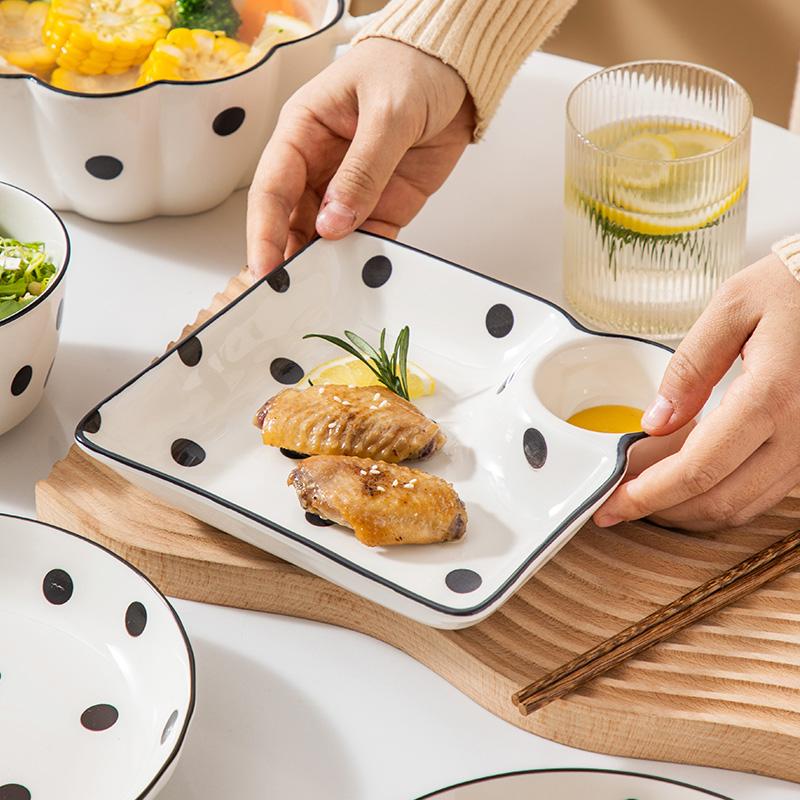 Polka Dot Square Dumplings Plates New Household Ceramic Dividing Plate with Vinegar Dish Creative Underglazed Colour Tableware