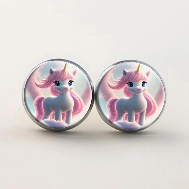 Мультяшные розовые серьги-гвоздики в виде единорога, милые круглые стеклянные серьги в виде маленькой лошадки для девочек и женщин, подарки