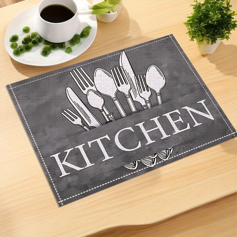 [4pcs Knife & Fork Placemats] 4pcs Linen Placemats | Black Knife & Fork Pattern | Kitchen Fabric Table Mats | Hotel Holiday Party Room Decoration