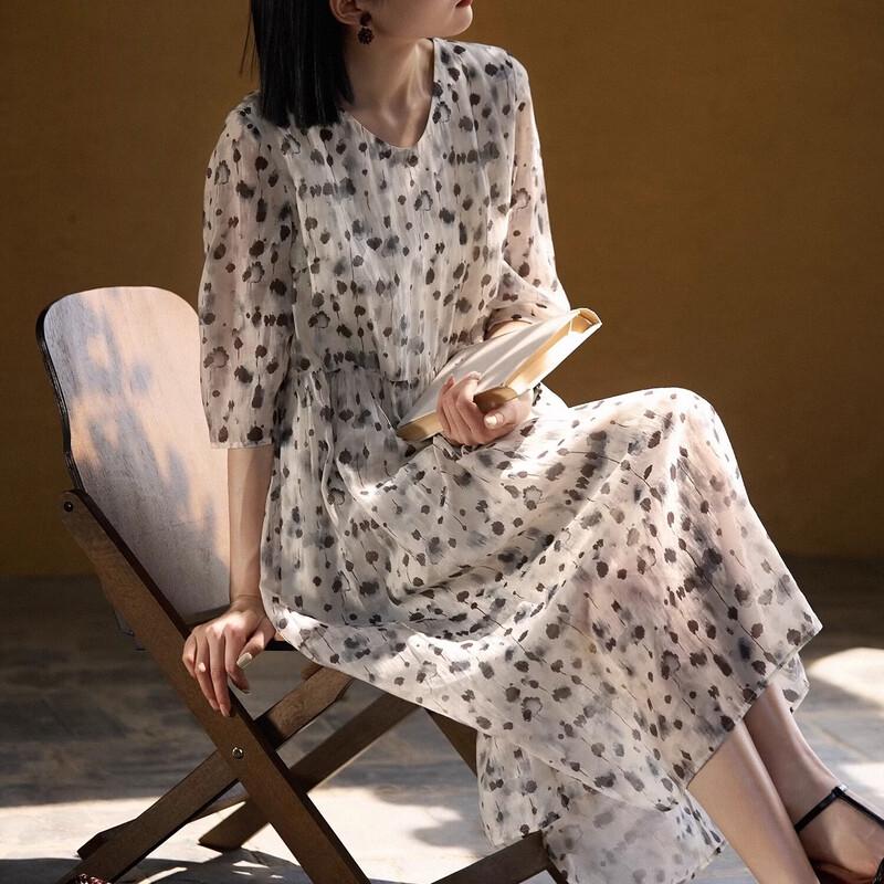 

La Chapelle Jiangnan Ink Print New Chinese Style Mid-Length Dress L