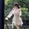White Long-sleeved Dress Fairy Summer Waist Chiffon Short Skirt Ruffle Leaf Edge Cake A-word Skirt Retro Style