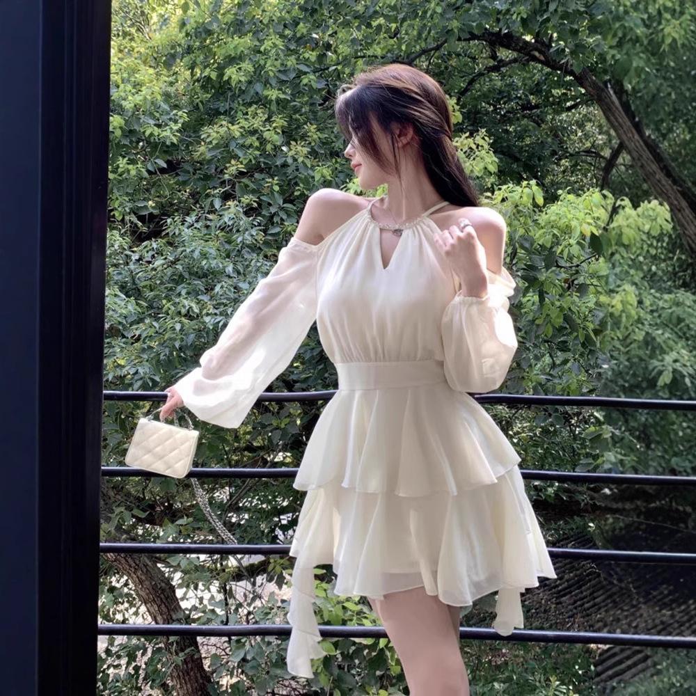 White Long-sleeved Dress Fairy Summer Waist Chiffon Short Skirt Ruffle Leaf Edge Cake A-word Skirt Retro Style