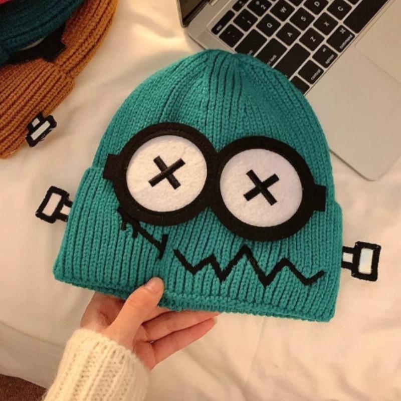 Осень и Зима Чудаковатый Милый Мультяшный Узор Большие Глаза Вязаная Шапка Мао Линии мужская Женская Конфетного Цвета Теплая Защита Ушей Вязаная Шапка синий