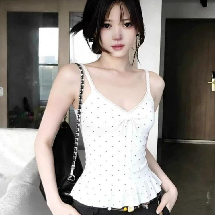 Summer New Sweet Wind Polka Dot Ruffle Hem Sling Vest Women's Design Sense Slim and Thin Sleeveless Top