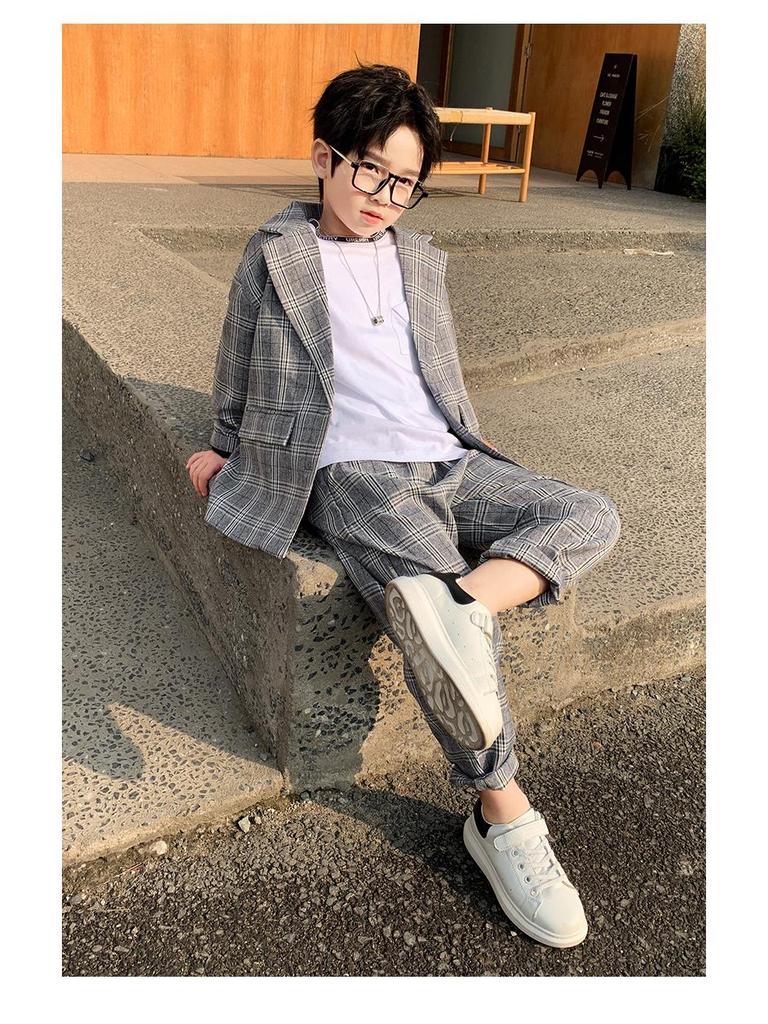 Plaid Blazer Suit Set for Boys - Korean Style Spring/Autumn Casual Outfit