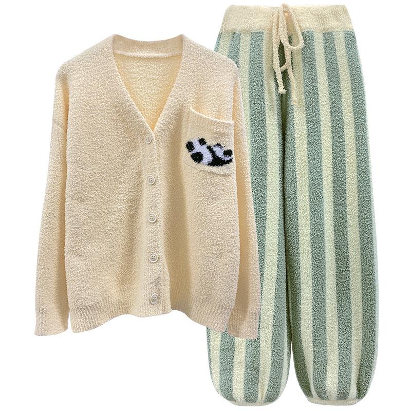 

Пижама женская осень-зима милый сладкий кардиган полосатые пижамы плюшевые утолщенные пижамы теплое интимное белье домашняя одежда One Size жёлтый