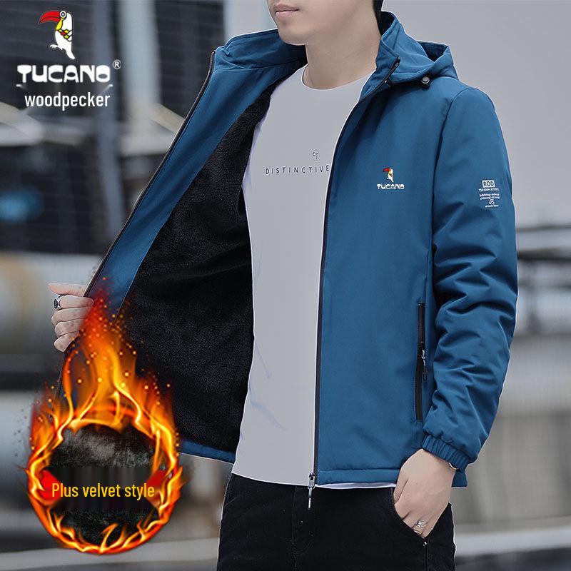 Woodpecker Men s Fleece-lined Hooded Jacket - Detachable Hood, Casual Spring/Autumn/Winter Coat 5XL