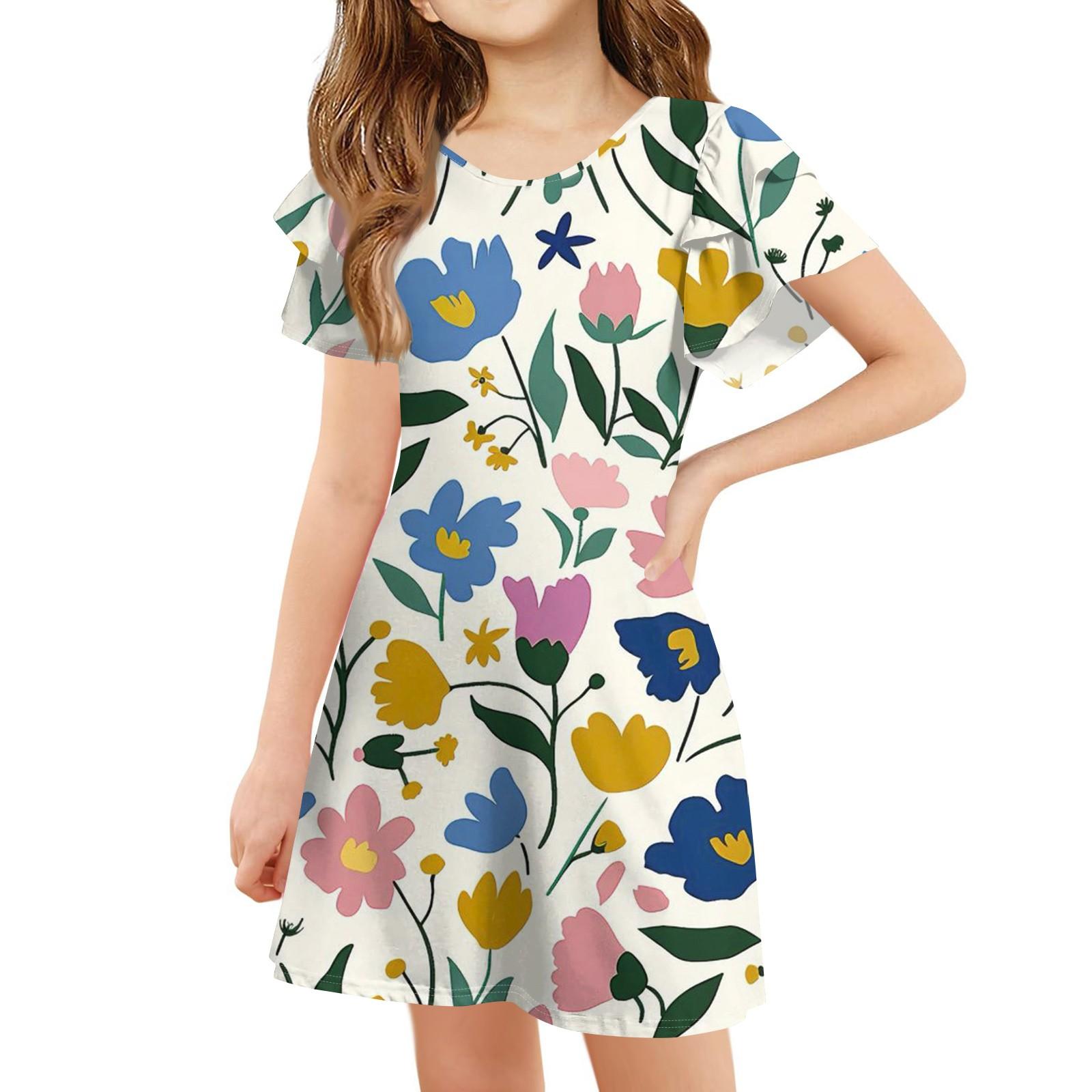 

Детское платье с оборками на рукавах, летнее, для девочек, с круглым вырезом, А-силуэта, с цветочным принтом, повседневное, милое платье 140