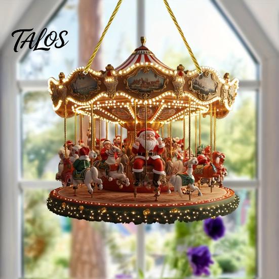 Indoor Outdoor Christmas Tree Ornaments Santa Claus Carousel/Snow Cottage Hanging Ornament, Double-Sided Holiday Party Decorations Acrylic Pendant for