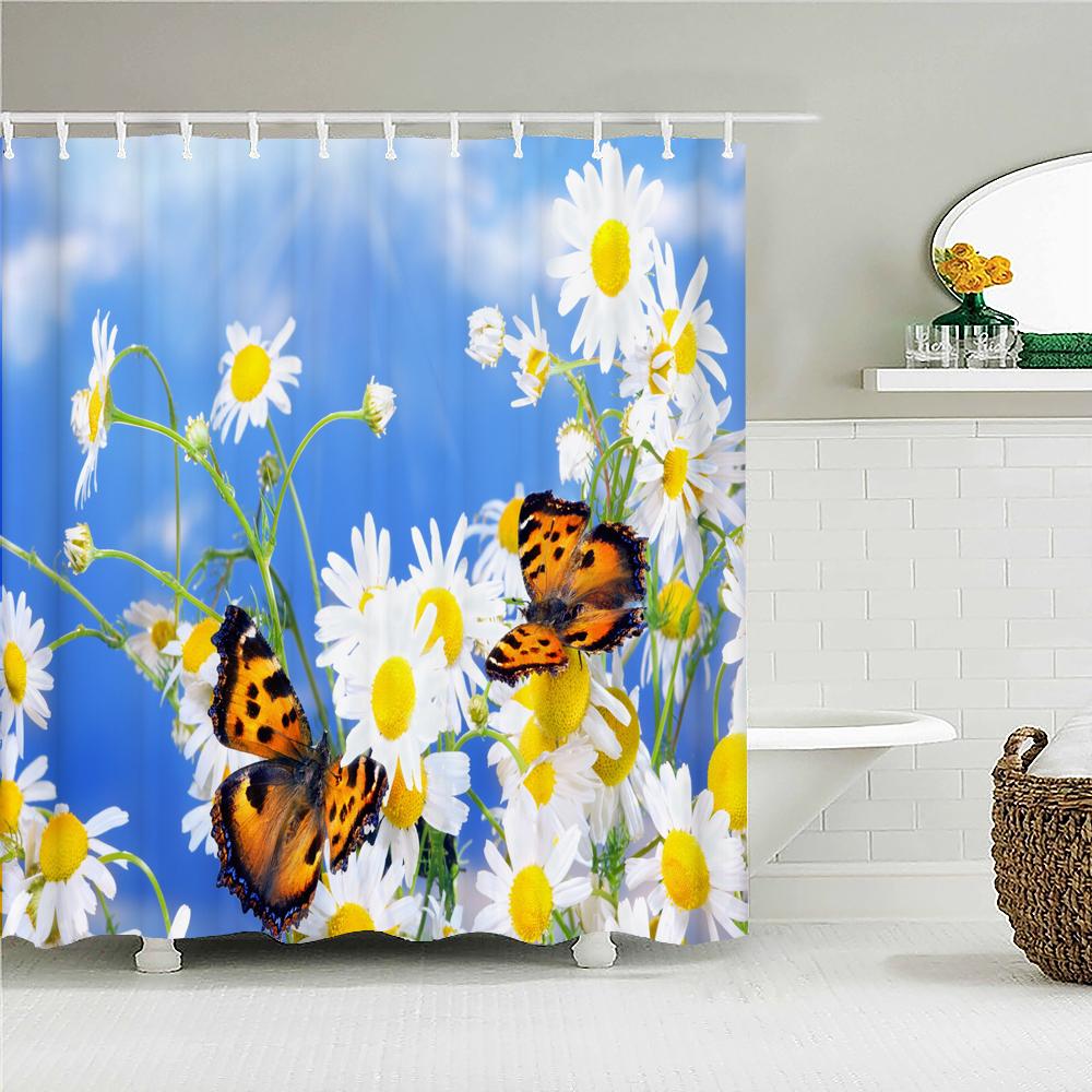 Colorful Flower Butterfly Fabric Shower Curtain Bathroom Curtains with Hooks Waterproof Printing Floral Bath Curtain Home Decor