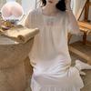 Robe de nuit tissée en coton pour femme - Été 2026 - Avec coussinets de soutien-gorge - Style princesse - Manches courtes - Longue