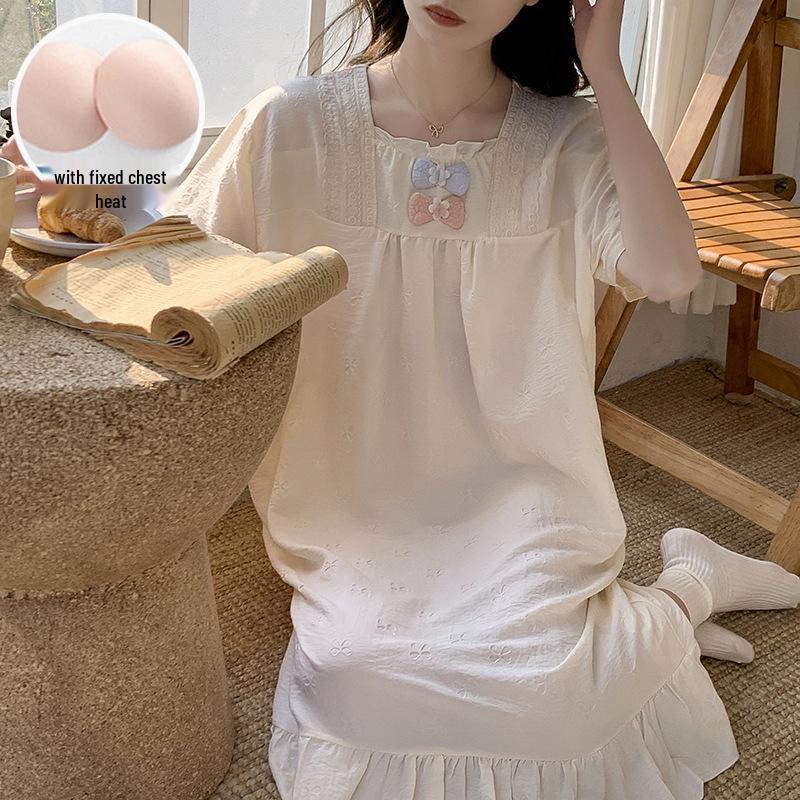 2026 Summer Women's Woven Cotton Nightgown with Bra Pads - Princess Style Short-Sleeve Long Dress