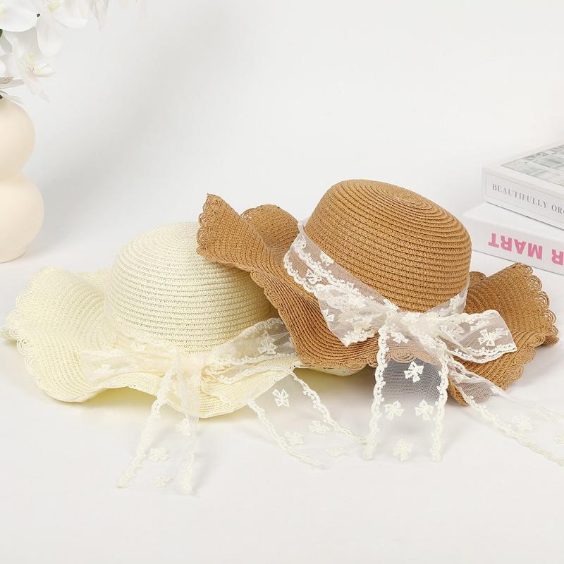 New sweet bow lace straw hat summer sunscreen sunshade outdoor big brim sun hat fashion lace streamer