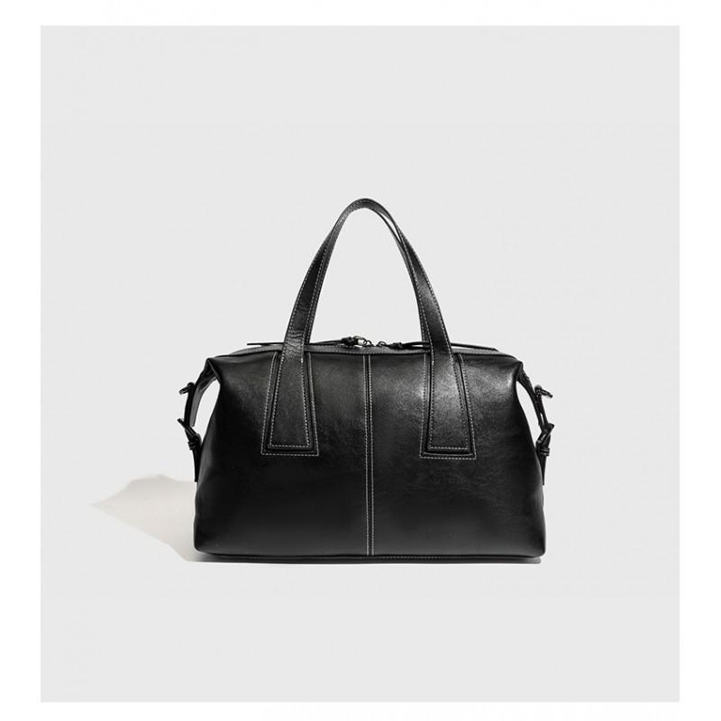 2026 New Retro Top-layer Cowhide Boston Bag Bowling Old Money Style High-end Cross-body Women's Large Capacity