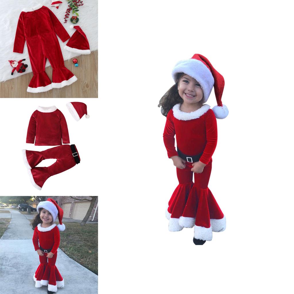 Festive Christmas Kids Girls Plush Flared Pants Suit With Santa Hat Tree Hat