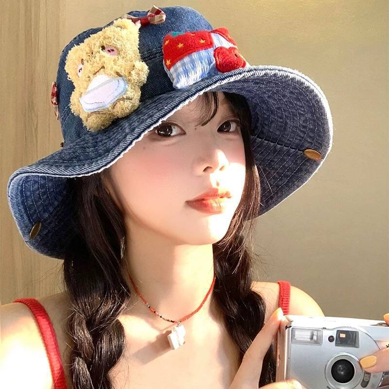 Cute Bear Cowboy Fisherman Hat Children Summer Big Brim Washbasin Hat Cartoon Outdoor Sun Hat