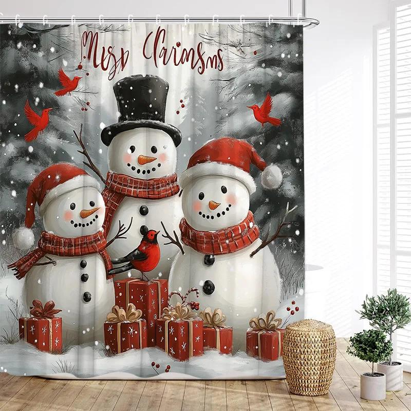 Cute Snowman Shower Curtain Winter Forest Pine Tree Snowflake New Year Christmas Bath Curtains Fabric Bathroom Decor With Hook