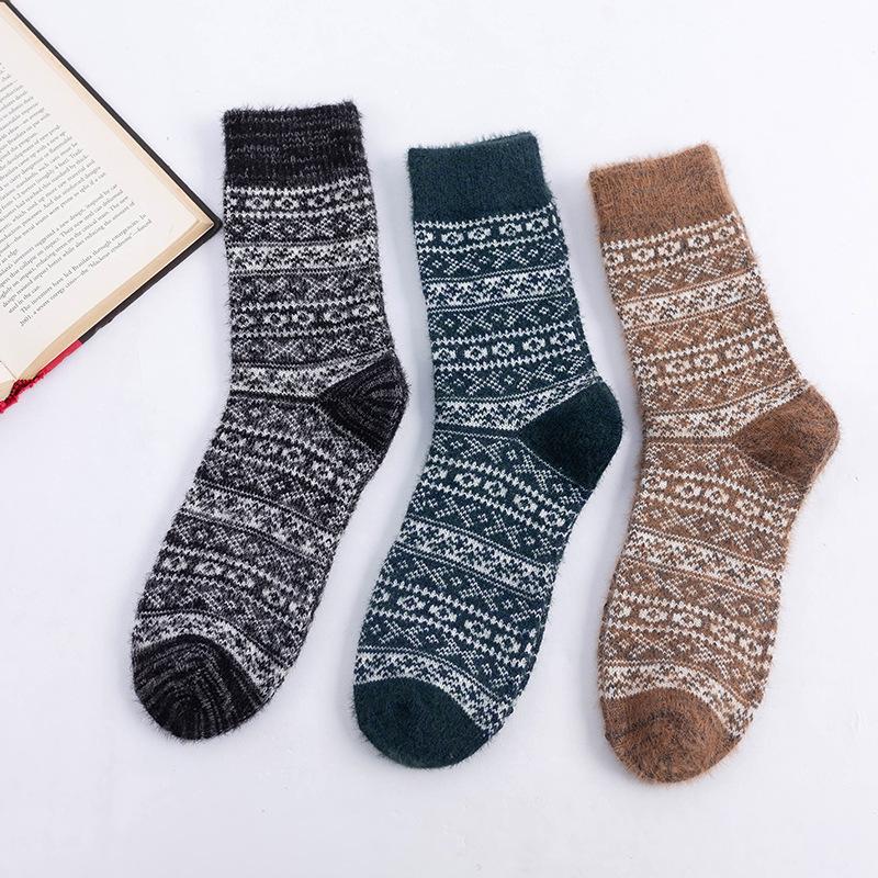3 Paires de Chaussettes Montantes Chaudes Épaisses en Laine de Lapin Imitation Furets Style National Automne et Hiver pour Homme