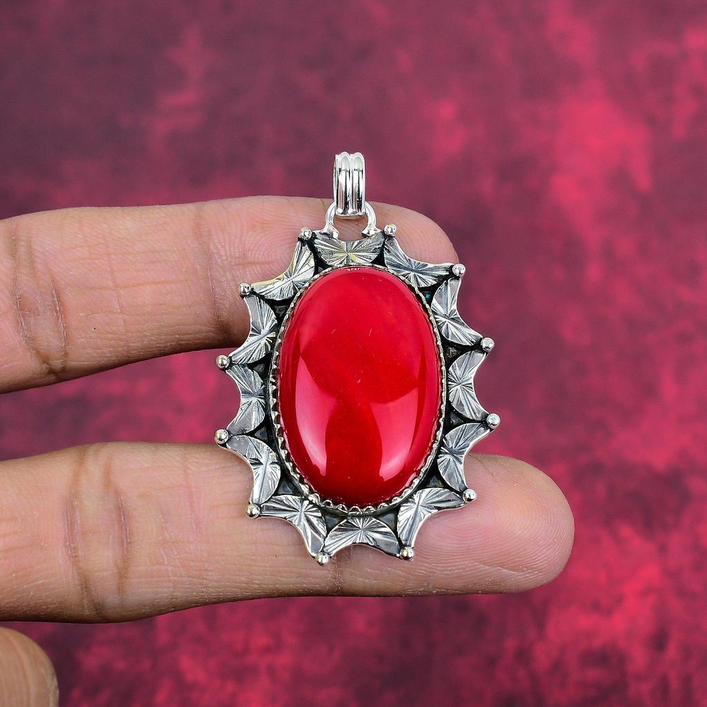 Red Coral Handmade Gemstone Pendant, 925 Solid Sterling Silver Pendant Antique Jewelry, For Engagement Gift