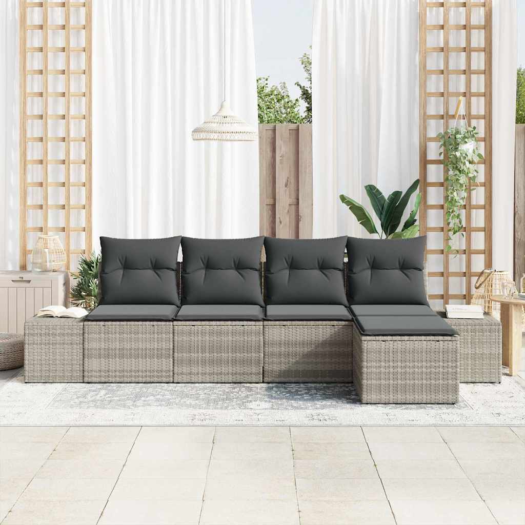 5 Piece Sofa Set with Cushions Light Grey Poly Rattan