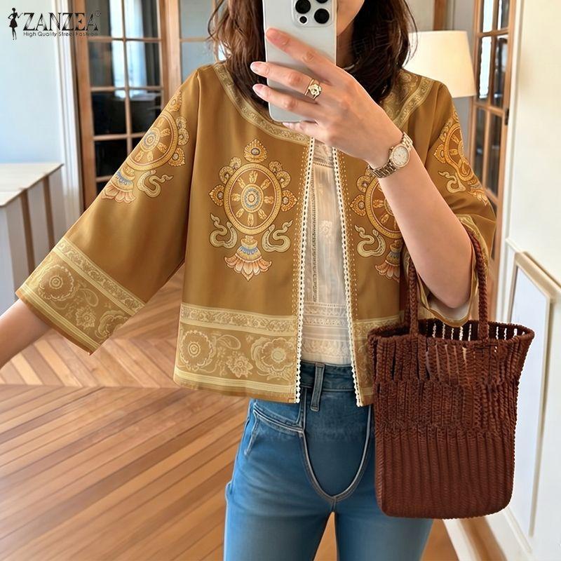 ZANZEA Women Ethnic Print Casual Open-front 3/4 Sleeve Loose Cardigan Blouse