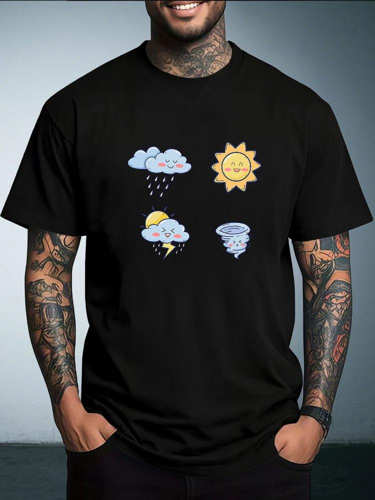 Unisex Summer White Short Sleeve Tee Cute Cartoon Weather Sun Rain Cloud Tornado Graphic Print Crew Neck Loose Casual Male Tops
