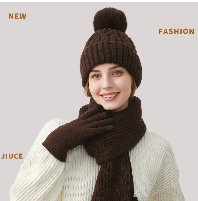 Knitted Hat Scarf Gloves Women's Winter Thick Ear-Warming Hat and Neck Warmer Set 3Pcs