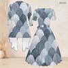 Women Plus Size Two Piece Set Long Sleeve Open Cardigan Square Neck Short Sleeve Tie Waist Printed Flared Dress